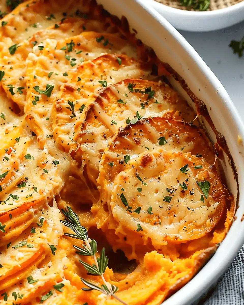 Chipotle Gouda Scalloped Sweet Potatoes with Turkey Bacon Delight