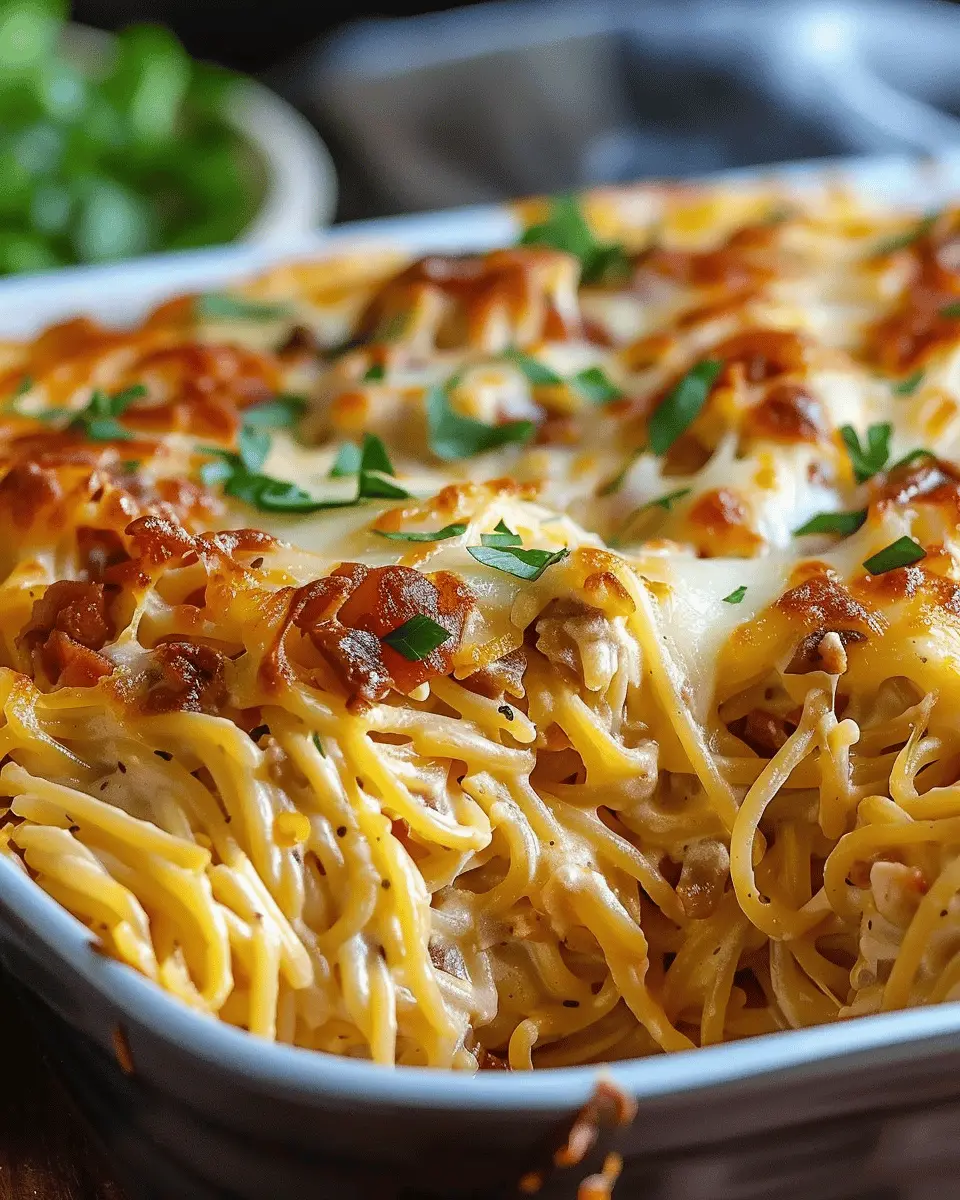 Creamy Southern Spaghetti Bake with Turkey Bacon and Chicken Ham