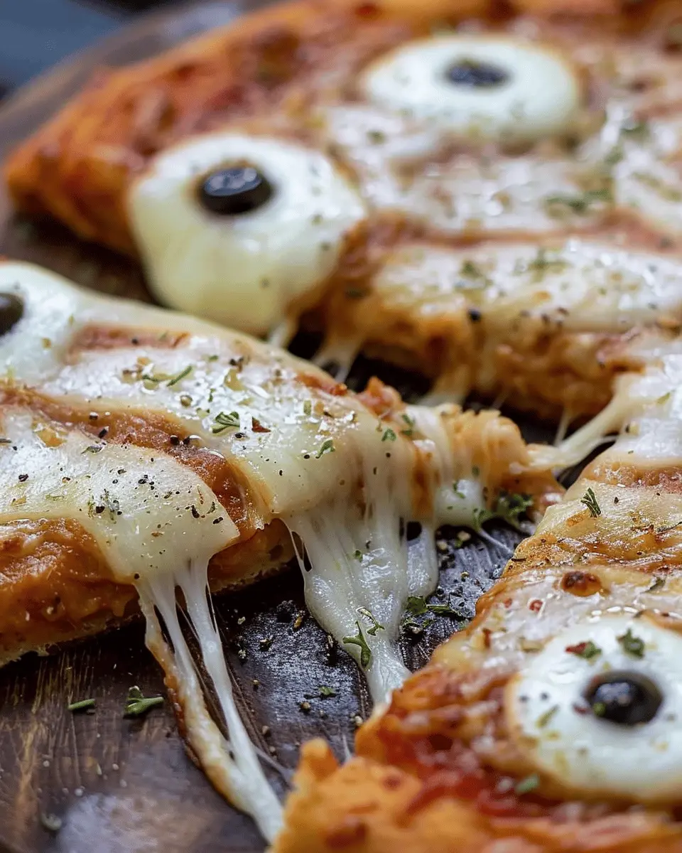 Mummy Face Pizza: Easy Strips of Mozzarella with Olive Eyes