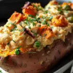 Creamy High-Protein Chicken Pot Pie Stuffed Sweet Potatoes