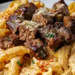 Cajun Steak Tips in Cheesy Rigatoni Parmesan Sauce