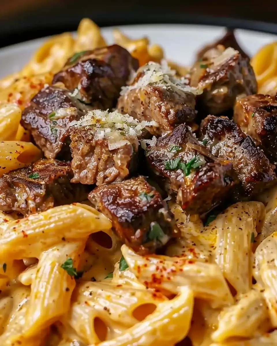 Cajun Steak Tips in Cheesy Rigatoni Parmesan Sauce: Indulgent Delight