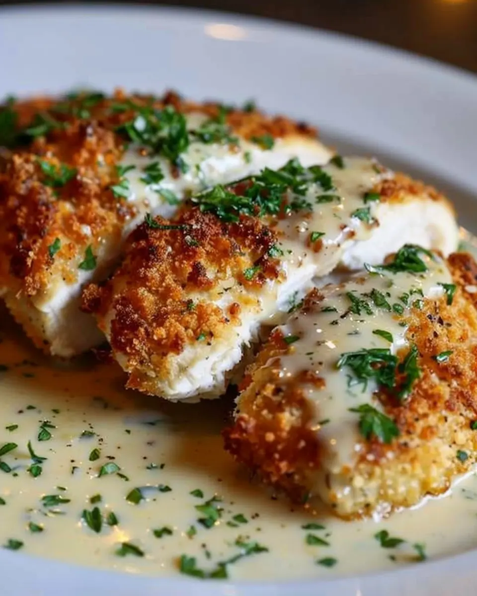 Parmesan Crusted Chicken with Creamy Garlic Sauce – Easy Family Dinner Recipe
