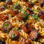 Sticky Honey Garlic Sausage Pasta Skillet